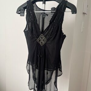 100% Silk Black Beaded Sheer Blouse